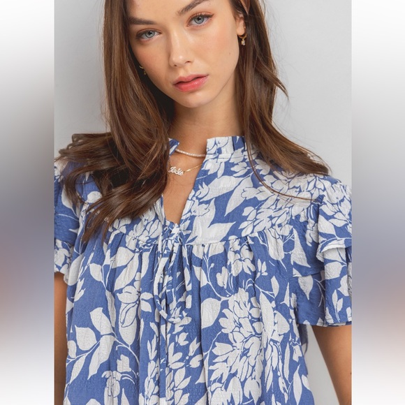 09 Boho Leaf Print Ruffle Sleeve Blouse Top - Picture 7 of 7